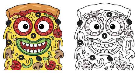 This humorous pizza monster face cartoon vector image features a melting cheese pepperoni and vegetables as well as an adorable food character with a colorful outline