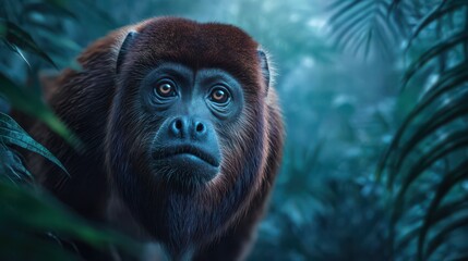 Fototapeta premium Curious monkey gazes through lush jungle foliage