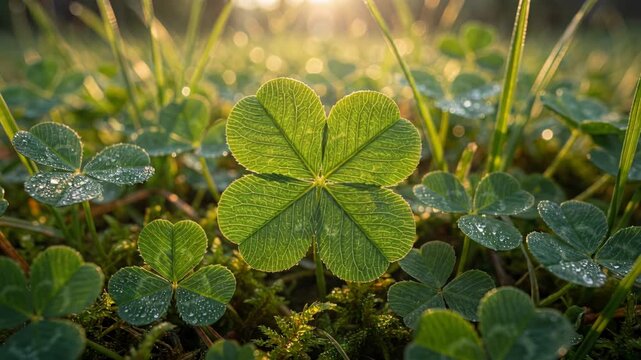 Four-leaf clover in dewy grass under morning sunlight. Lucky charm symbolizing good fortune and prosperity. St. Patricks Day theme with spring renewal concept.