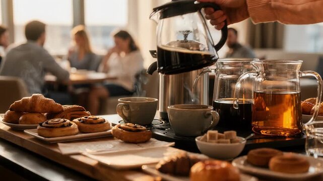 Closeup of a coffee station and warm pastries at a weekend hotel breakfast bar while families relax and chat in the softly blurred background seating.
