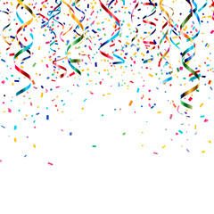 Colorful Streamers and Confetti Fall During a Celebration Event in a Bright Space