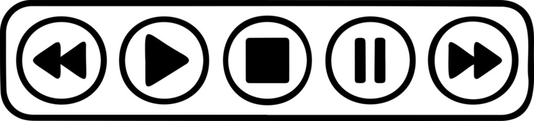 Media Player Control Icons Set, Minimalist Video and Audio Playback Buttons Vector, Play Pause Stop Forward and Rewind Outline Symbols Isolated on White Background for App UI