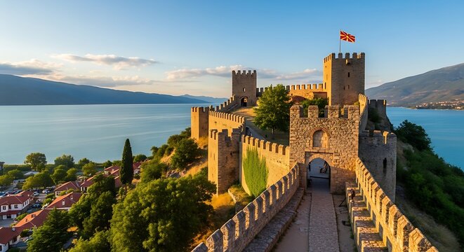 Medieval Castle Walls and Towers by the Sea.