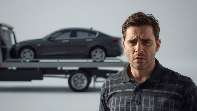 Car repossession action urban setting image of man vehicle on tow truck serious mood financial consequences