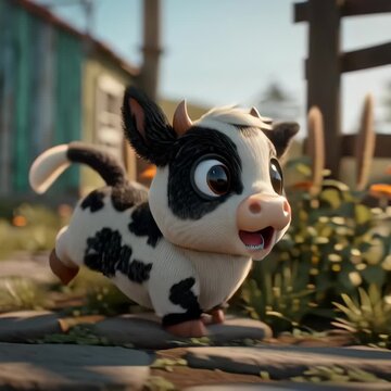 Un adorable ternero de estilo caricaturesco observa con curiosidad al espectador en un entorno rural.