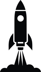 Minimalist black rocket ship taking off icon