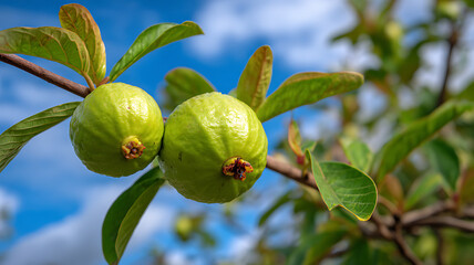 Guava fruits on tree branch with green leaves and blue sky background