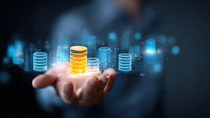 Hand holding glowing database server stacks Digital data storage Cloud computing and big data management technology concept with futuristic blue and orange light.