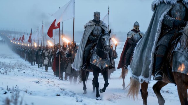 Mounted warriors traverse wintry landscape illuminated by torches