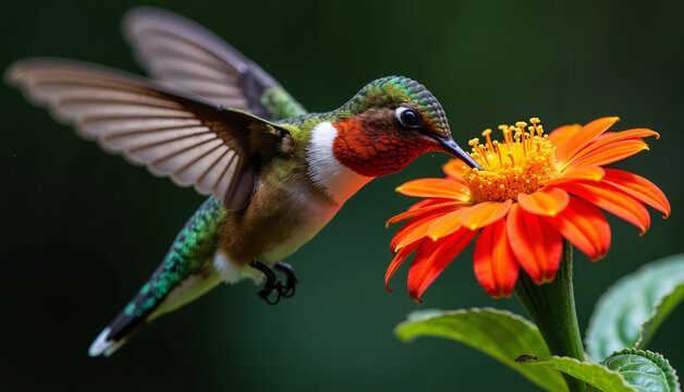 Ruby-throated hummingbird hovering and feeding on a vibrant orange flower in a lush garden