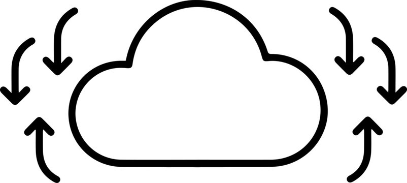 Cloud synchronization line art icon, digital data exchange with rotating arrows, minimalist cloud computing