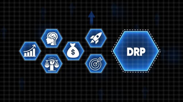 Disaster Recovery Plan DRP concept with icons for growth, brain, money, justice, target and rocket