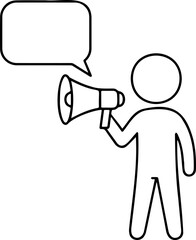 Fototapeta premium Person holding megaphone line art icon, man with loudspeaker and blank speech bubble for announcement, minimalist marketing and communication vector illustration