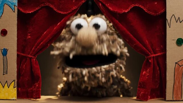 Brown fuzzy monster puppet performing in a handmade cardboard theater. Puppet show in a classroom setting. Creative play and childhood education concept