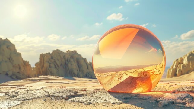Desert Landscape Reflected in Glass Sphere.