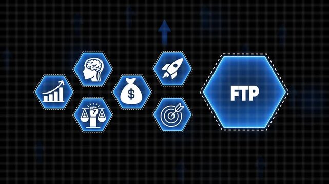 FTP Concept Icons Representing File Transfer Protocol and Network Solutions Keywords: FTP, File Transfer Protocol, Hexagon, Icon, Business, Finance, Investment, Growth, Strategy, Brain, Idea