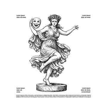 Vintage Engraving Style Illustration of the Muse of Drama Holding a Comedy Mask