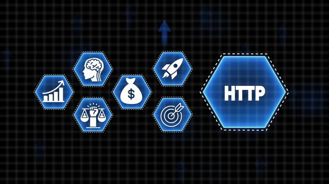 HTP protocol concept with icons for growth finance brain rocket target and justice HTTP hypertext transfer protocol
