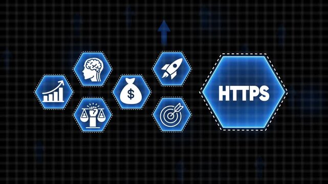 HTPS secure protocol concept with icons for growth finance brain rocket target and justice HTTPS secure hypertext transfer protocol