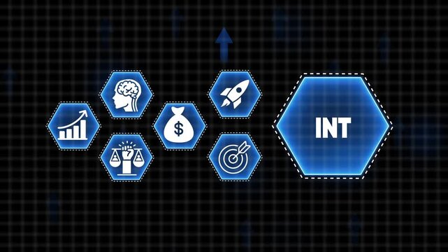 INT abbreviation concept with icons for growth, intellect, finance, justice, strategy, and launch technology