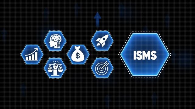 ISMS concept with icons for growth finance brain money rocket target and justice on a dark grid background