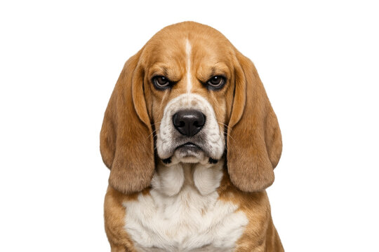 Beagle dog's head and chest showing an angry, grumpy expression, furrowing brows, and scowling, indicating strong irritation