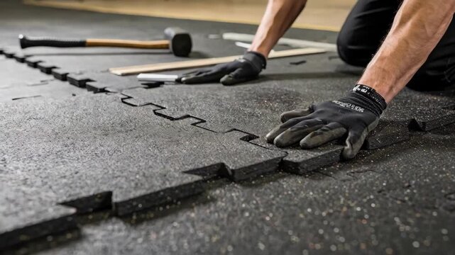 Closeup medium shot of a worker carefully positioning interlocking rubber tiles on a gym floor emphasizing texture with sharp focus on the tile edges and blurred background tools.