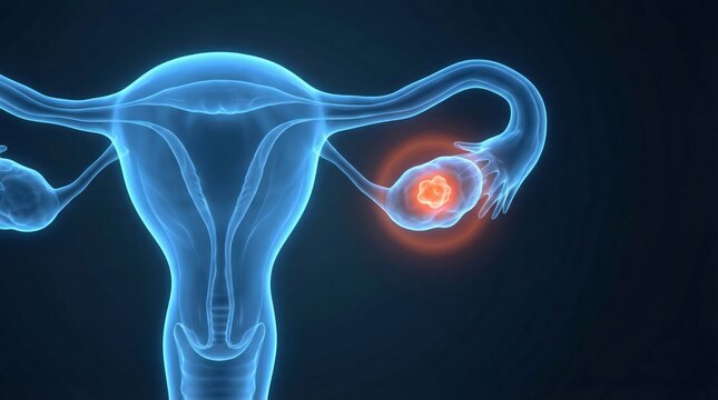 Female reproductive system with ovary cancer highlighted. Medical illustration of uterine anatomy with tumor showing disease and illness.