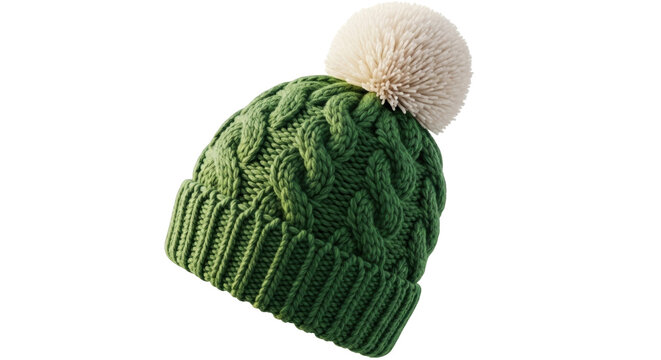 Green knitted winter hat with pompom isolated PNG, warm woolen cap for cold weather fashion on transparent background