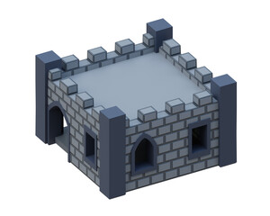 Gray brick medieval building isometric style fortress. 3d rendering.