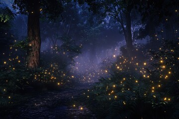 Naklejka premium Mystical forest with glowing fireflies illuminating the night sky