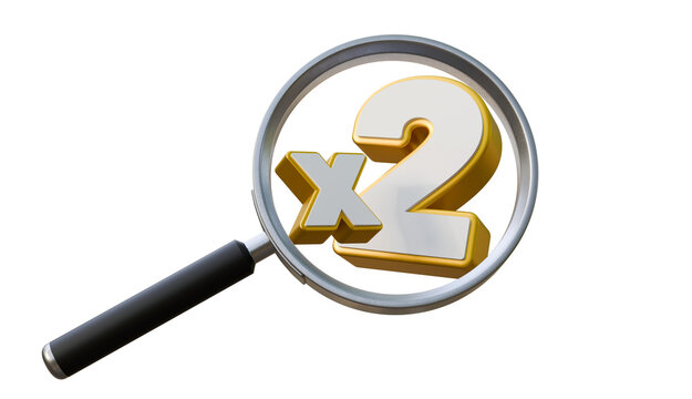 Magnifying glass with x2 symbol on a isolated background. Special offer x2. Discount, sale, and promotion concept.