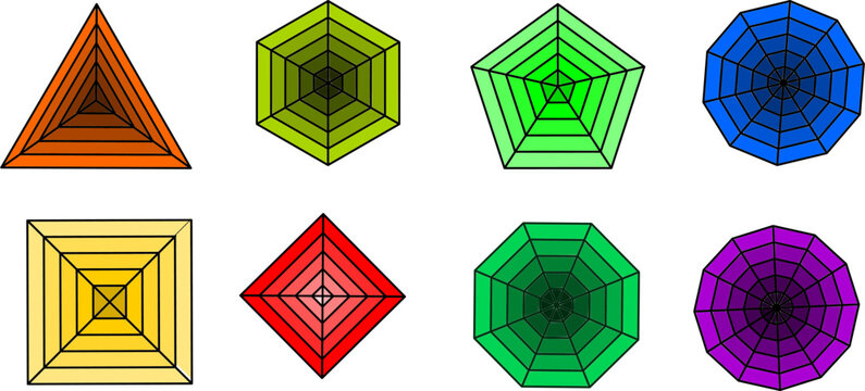 Collection of colorful geometric radar charts with varying polygon sides.