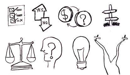 Decision making sketch icon collection in black. Set of direction signs, idea bulb, balance scale, checklist, choice arrows and question icons in doodle style