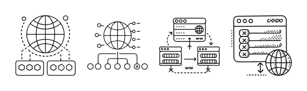 Stylized domain name system icons with globe and server connections