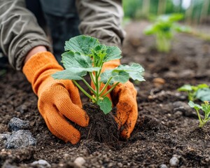 Pumpkin and squash seedlings are planted in the ground. A woman's hands, wearing gardening gloves, hold the young plant in the soil.