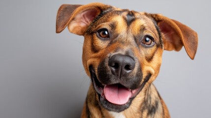 Obraz premium Happy Brown Dog with Playful Expression Looking Cheerfully at the Camera Against a Neutral Gray Background in a Studio Setting