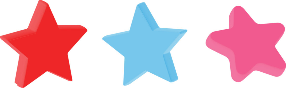 3D Star Rating Icons Set in Red Blue and Pink for App UI Web Interface Favorite Review High Quality 3D Icon Illustration Transparent Background
