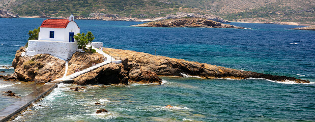 Panoramic View of Agios Isidoros Church on Islet in the Sea. Iconic Small White Chapel on Rock with Bridge Leros Island Authentic Mediterranean Aesthetic Dodecanese Greece