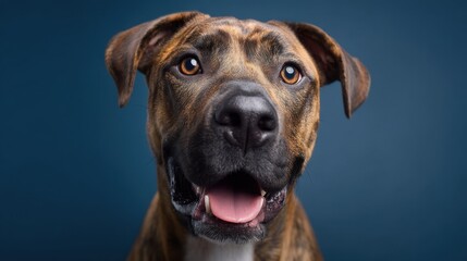 Obraz premium Happy dog with expressive eyes and a joyful smile posing in front of a blue background, showcasing its playful and friendly nature for stock photo collection