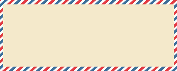 Vintage airmail postcard back template with diagonal blue and red stripe. Travel post card blank backside. Air mail envelope frame with postage place. Vector illustration isolated on white