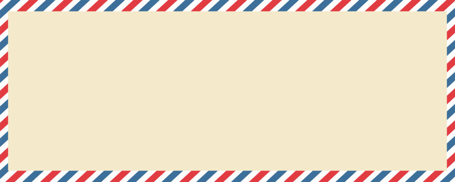 Vintage airmail postcard back template with diagonal blue and red stripe. Travel post card blank backside. Air mail envelope frame with postage place. Vector illustration isolated on white
