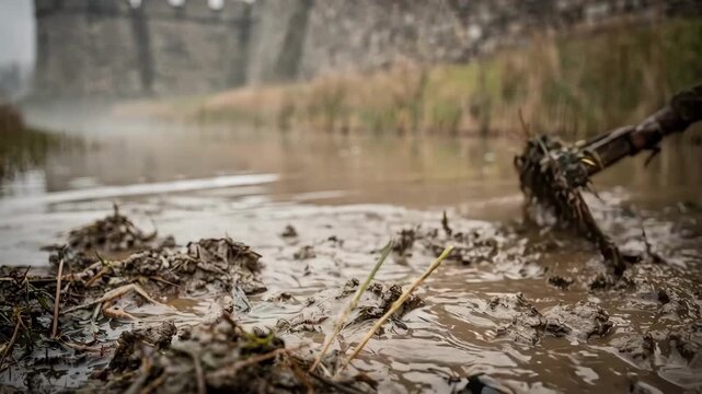 Focused medium shot of silt and plant debris being raked from a reedlined defensive moat with indistinct fort walls behind creating depth in the scene.