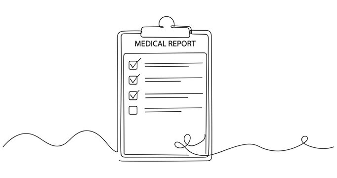 Minimalist line drawing of medical report on clipboard with checkboxes. No editable stroke