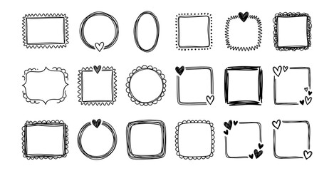 Hand Drawn Doodle Frames and Borders Set with Hearts Diverse Shapes Artistic Sketch Vector Collection for Text Photos Messages © ObDesign
