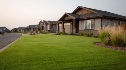 Obraz premium Scenic suburban neighborhood with modern houses lined along a peaceful street, featuring well-maintained lawns and natural landscaping under soft lighting