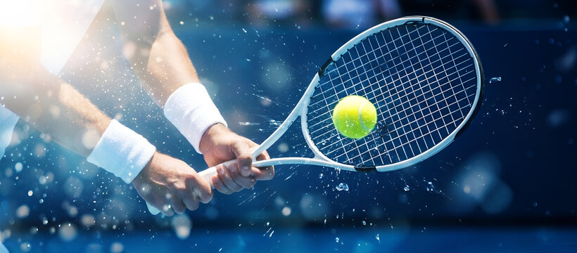 Close-up of muscular arms holding a tennis racket and hitting the ball. Banner championship tennis