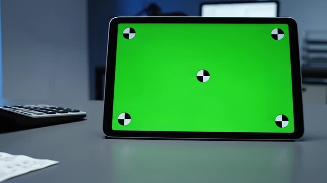 A close-up shot of a digital tablet showing a bright green screen and tracking markers, resting on a gray desk in a modern, dimly lit office.