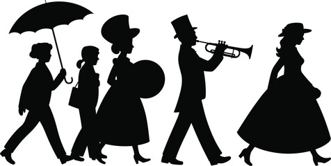 Vintage parade silhouette illustration showing musicians and people walking, retro fashion, umbrella, trumpet, historical procession, classic style design, concept, art © MdShafe