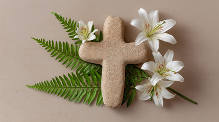 Stone cross spiritual symbol with white lilies and green fern leaf. Easter religious concept for christian celebration. Holy Week.